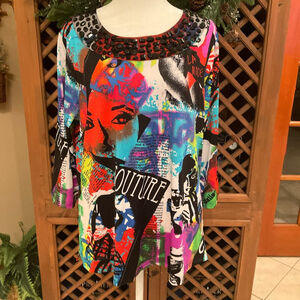 NWOT Multiples Multicolor Womens Large Art Deco print blouse with beaded collar